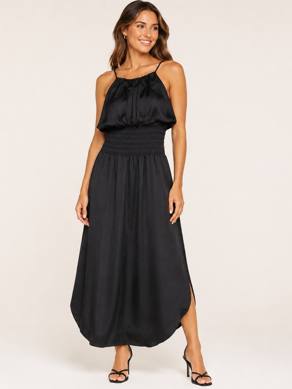 bishop + young Black Satin Smocked-Waist Maxi Dress with Spaghetti Straps